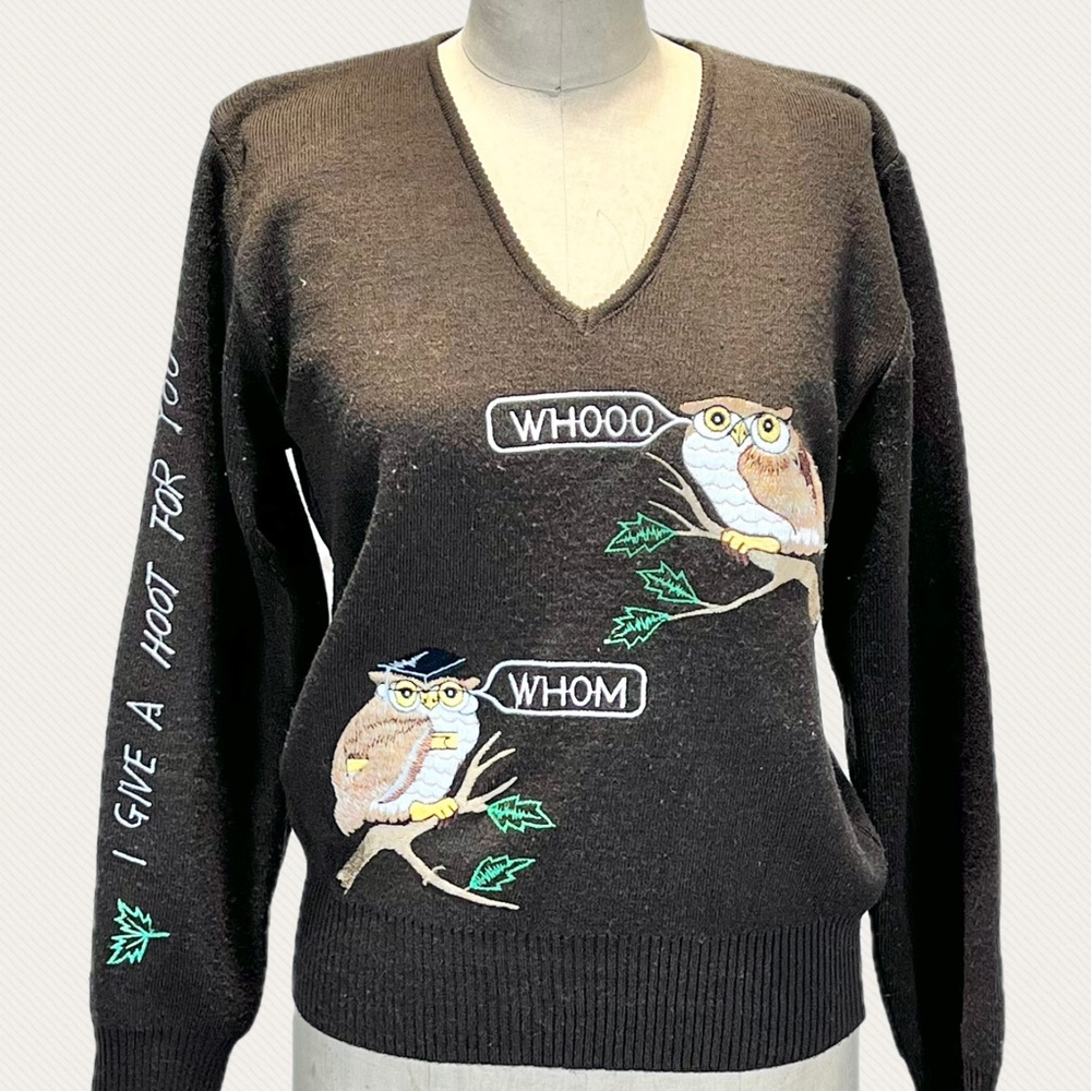 VINTAGE scholarly owls knit v neck sweater language grammar who whom wise owl